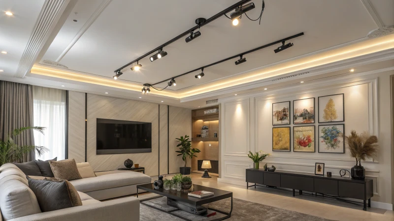 A modern living room with high ceilings and warm lighting