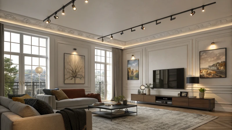 A modern living room with high ceilings and track lighting