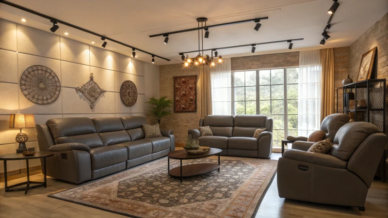 Cozy modern living room with sleek furniture and track lighting