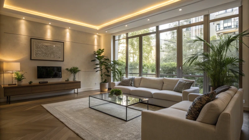 A sleek, modern living room with minimalist furniture and large windows.