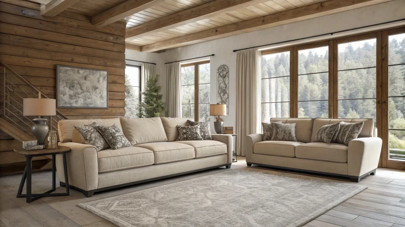 A sophisticated modern living room with neutral shades
