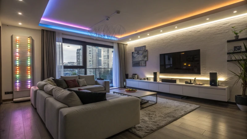 A modern living room with LED lighting and natural light.
