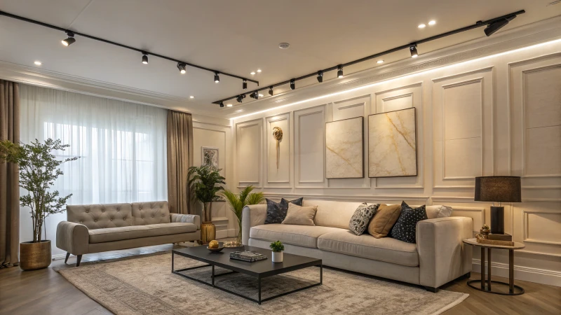 A modern living room with LED track lighting and elegant decor.