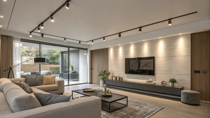 A modern living room with LED track lights and stylish furniture