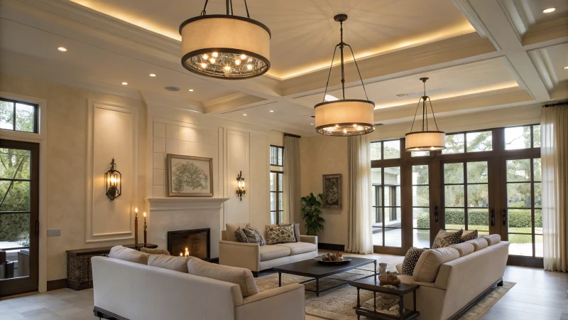 A modern living room with various lighting fixtures and minimalistic decor
