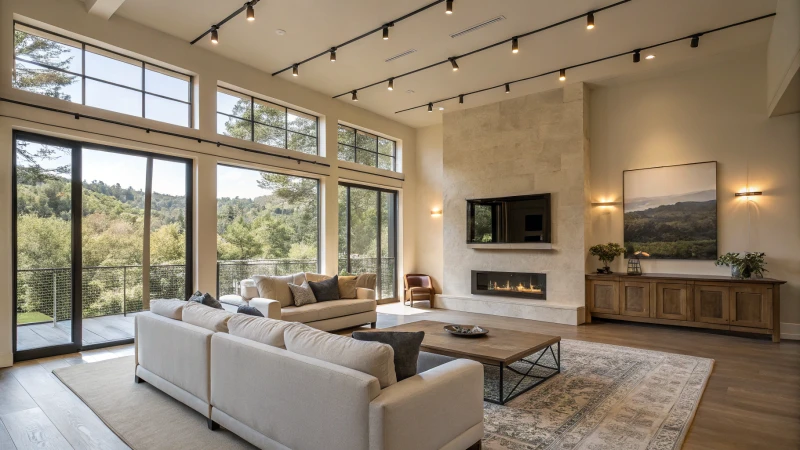 A spacious modern living room with minimalist design and natural light.