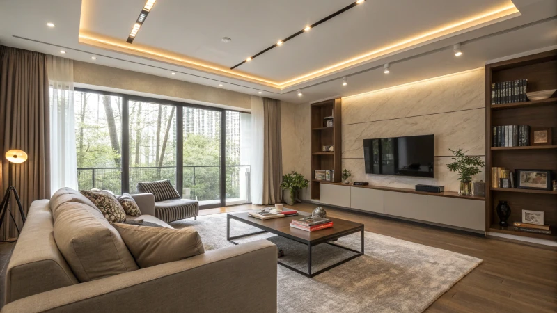 A modern living room with warm lighting and large windows