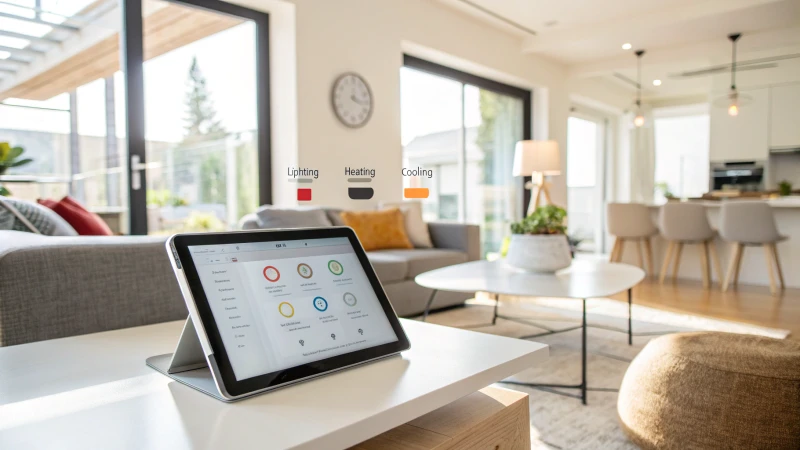 Modern living room with a smart home tablet