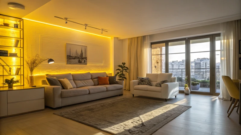 A modern living room showcasing two distinct lighting areas