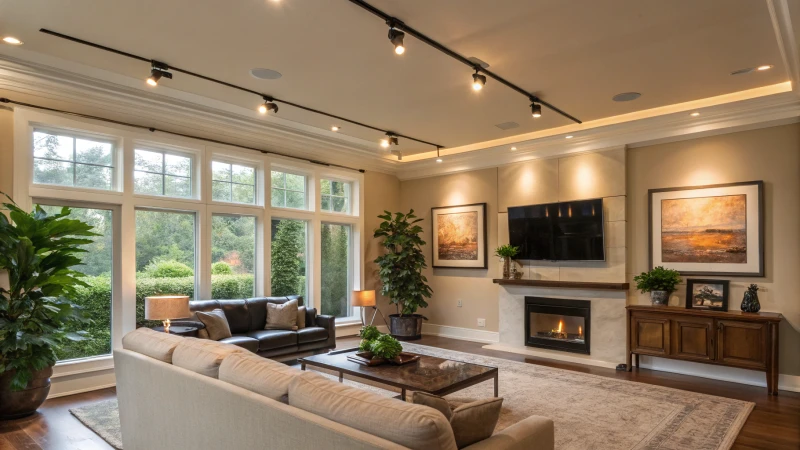 A modern living room with track lighting and plants