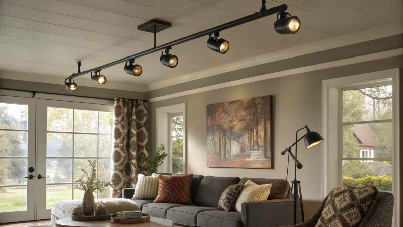 A modern living room with track lighting and large windows