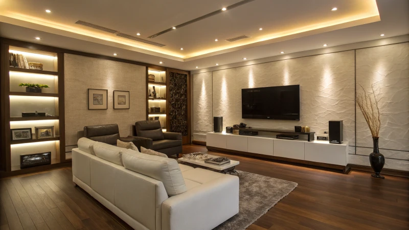 A modern living room with innovative wire concealment techniques