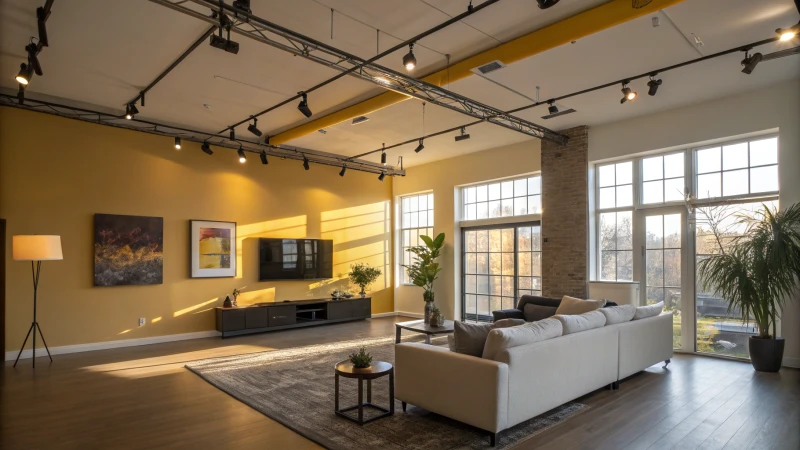 A modern living room with contrasting warm and bright lighting.