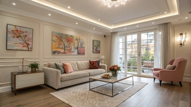 A modern living room with elegant furnishings and dimmable LED track lights.