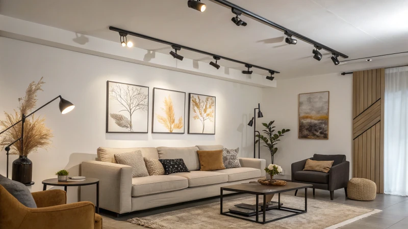A modern living room with stylish furniture and warm lighting.