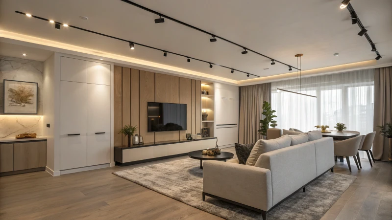 A modern living room with sleek track lighting and minimalist decor.