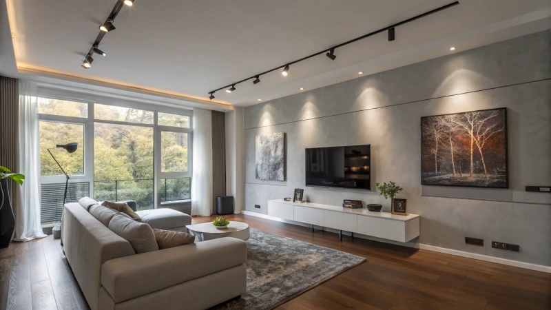 A modern living room with track lighting and minimalist design