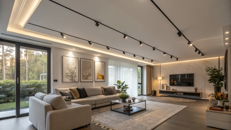 A modern living room with white ceiling and warm lighting
