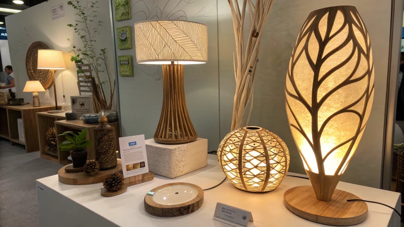 A display of eco-friendly lighting fixtures with nature-inspired designs