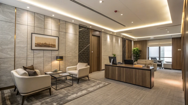A modern commercial office interior with matte-finished walls and minimalist furniture