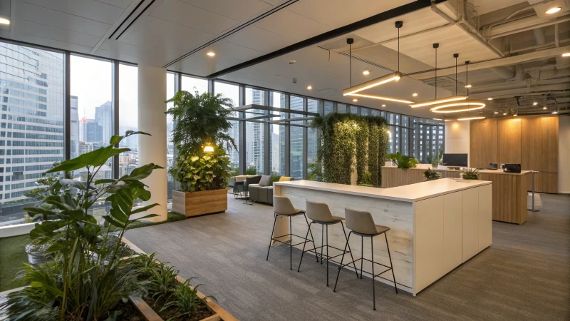 A modern office interior with LED lighting and eco-friendly furniture
