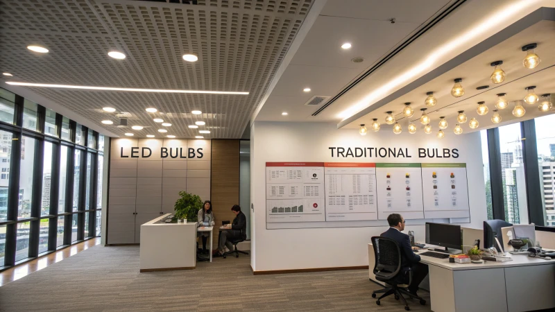Modern office space with LED lighting and comparison chart