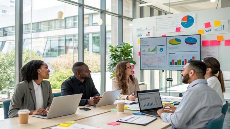 A diverse team of professionals in a modern office discussing project strategies
