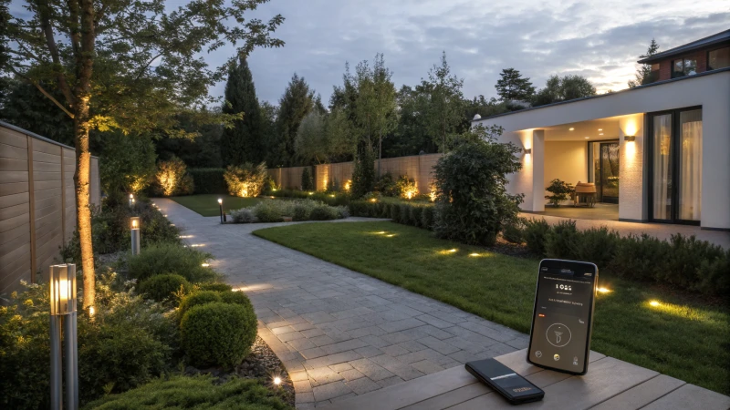 A modern outdoor garden illuminated by LED lights at dusk