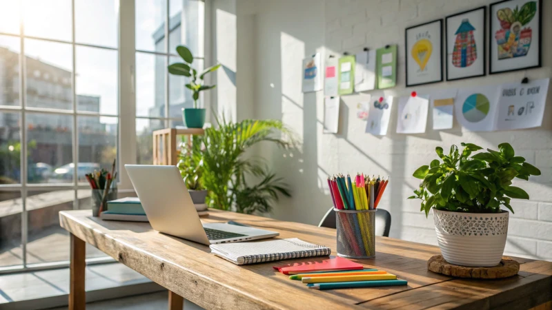 A bright and inviting modern workspace with colorful supplies and plants.