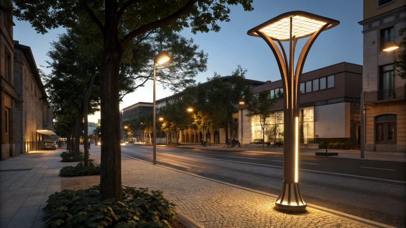 A modern solar street light illuminating a city street at dusk.
