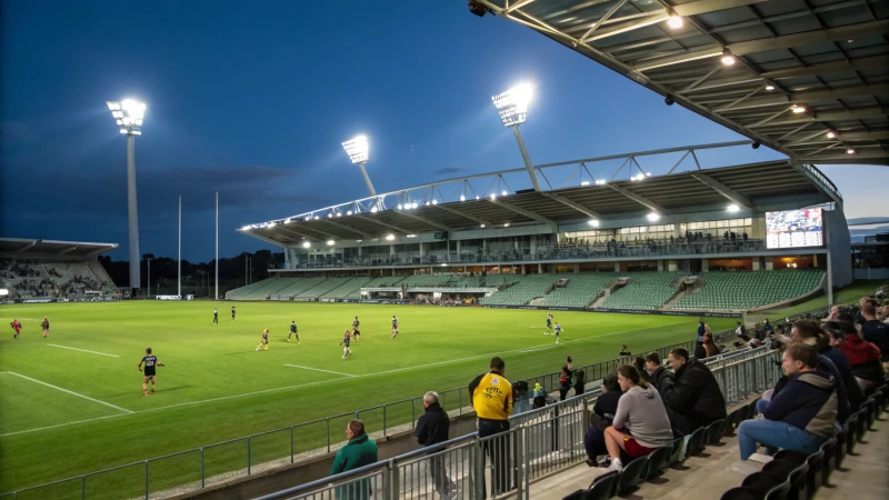 A brightly illuminated sports stadium at night with players and cheering spectators