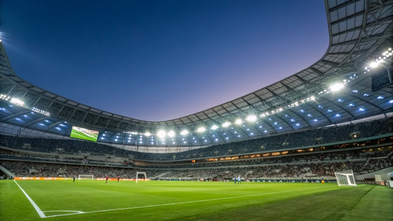 A modern sports stadium at night with bright LED lights illuminating the field