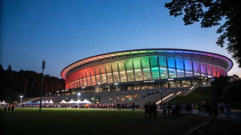 A modern stadium at night with bright LED lights and lively spectators.