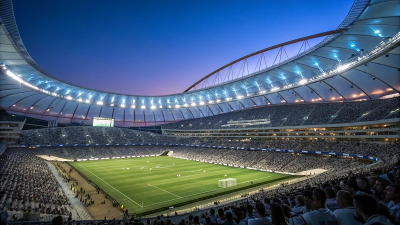 A modern stadium illuminated at night with cheering spectators