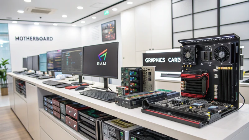 A modern tech workspace with computer hardware components neatly arranged on a desk.