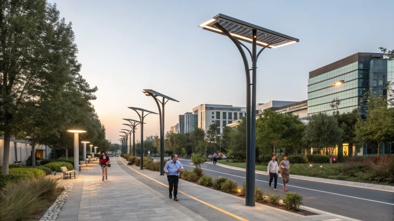 A modern urban street scene with solar lighting and pedestrians