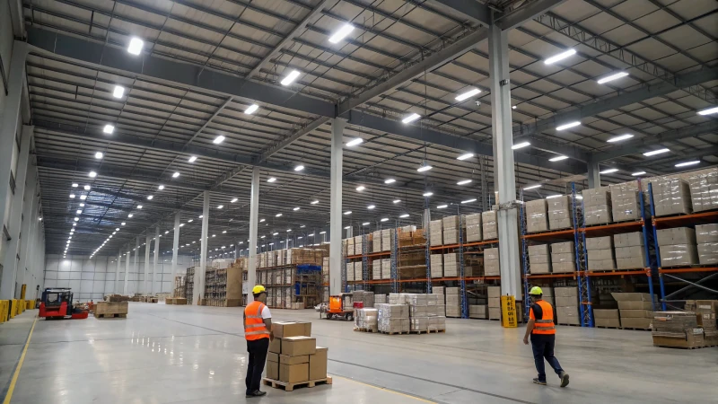 Brightly lit modern warehouse interior with organized boxes and shelves