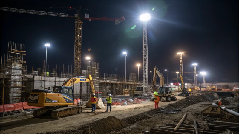 Construction site at night with workers and heavy machinery
