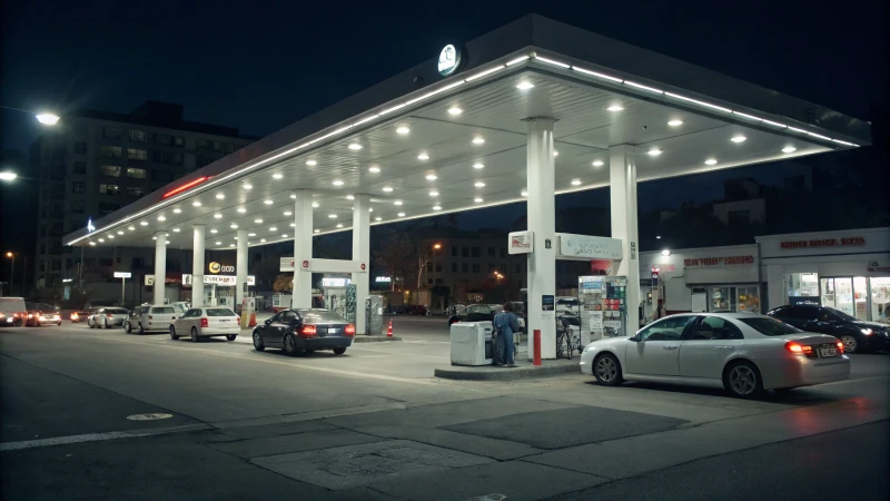A brightly lit gas station at night with cars and customers