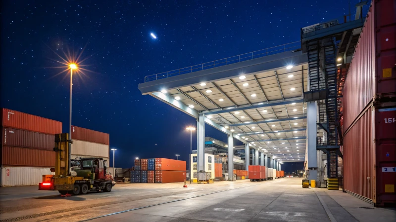 Nighttime scene of an industrial loading dock illuminated by LED lights