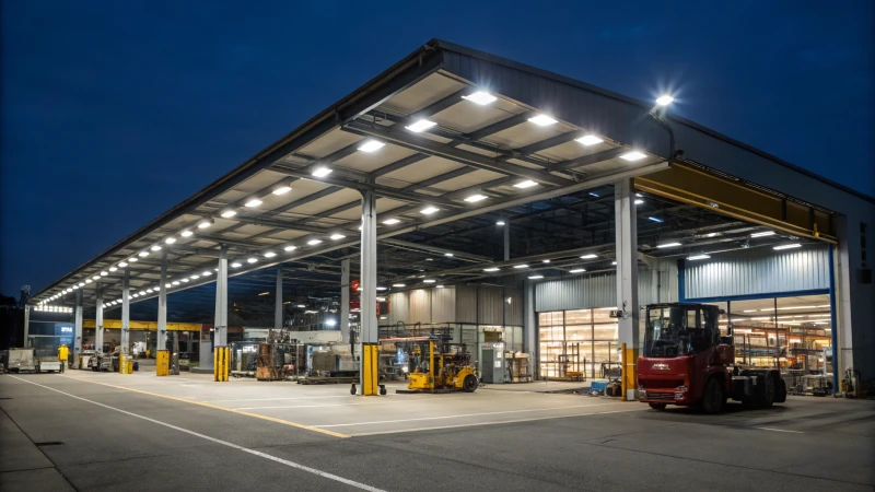 A brightly lit industrial warehouse at night with LED lights.