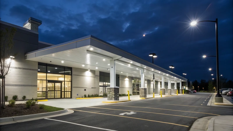 A modern commercial building illuminated by LED lights at night