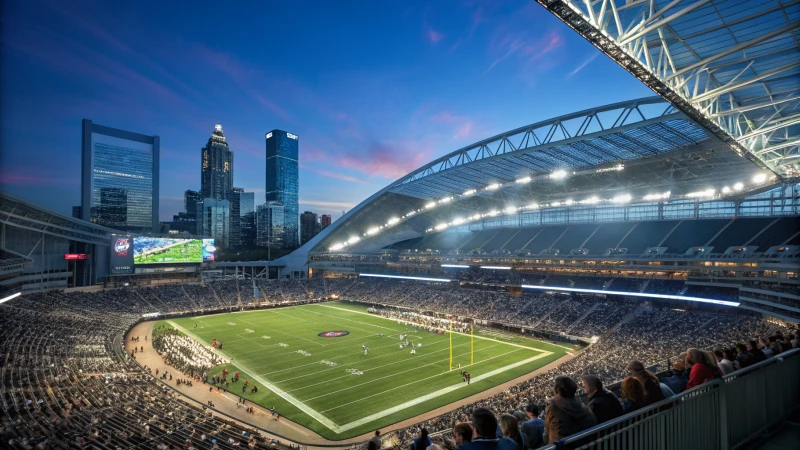 A brightly lit modern sports stadium at night filled with fans