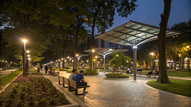 Public park at night with LED lights and people enjoying the space