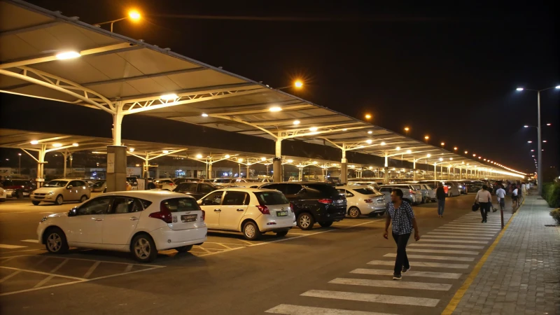 A busy parking lot at night illuminated by LED lights