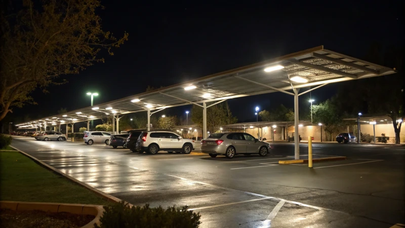 Nighttime view of a parking lot with LED lights illuminating parked cars