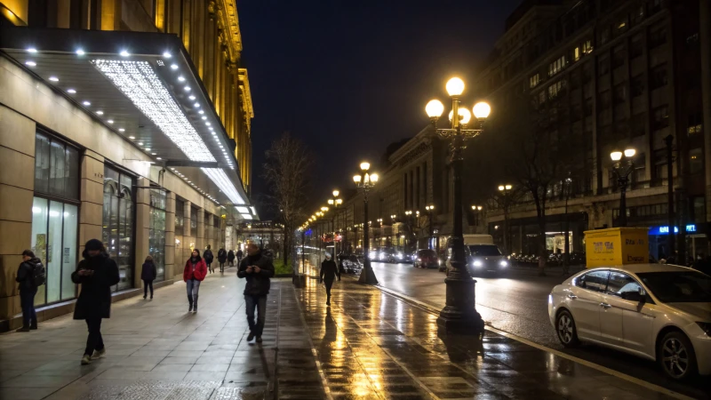 A city street at night illuminated by LED and traditional street lights