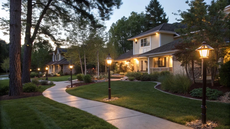 Outdoor residential scene at dusk with security lights