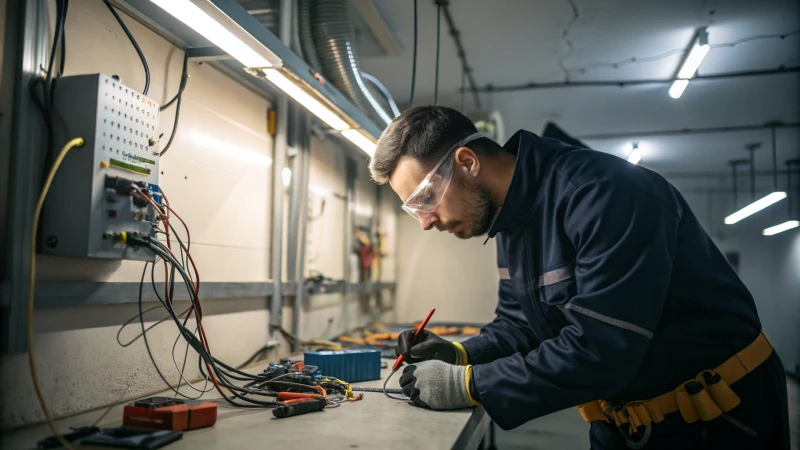 Electrician inspecting wiring in a workshop