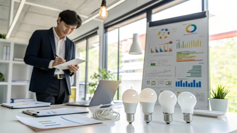 Person examining energy-efficient light bulbs in an office